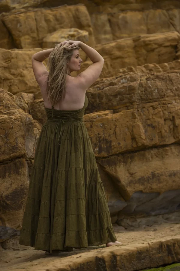 The back side of the Isis Dress in Army or Olive Green