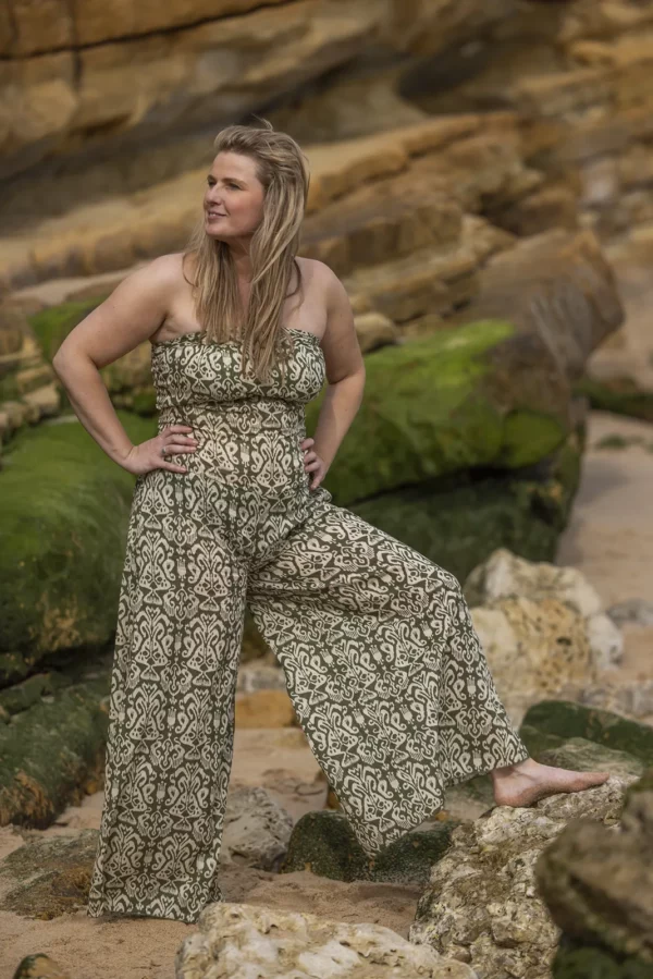 Jumpsuit Cream with Olive Green block print