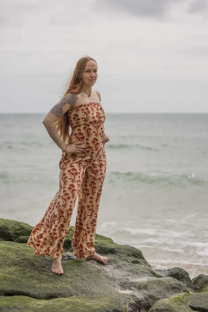 Jumpsuit Cream with Red Palms block print