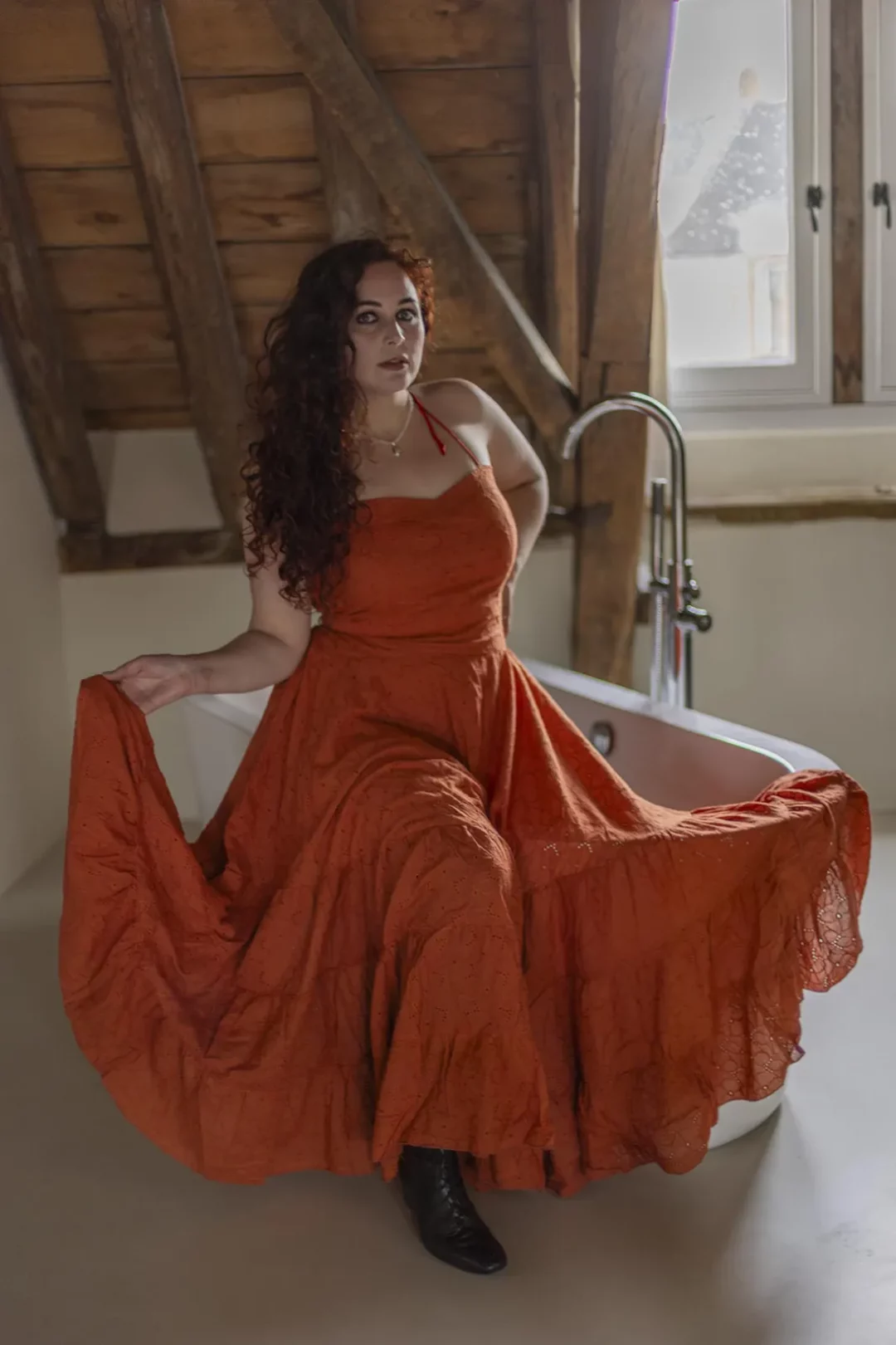 Inanna Dress Terracotta embroidered fabric