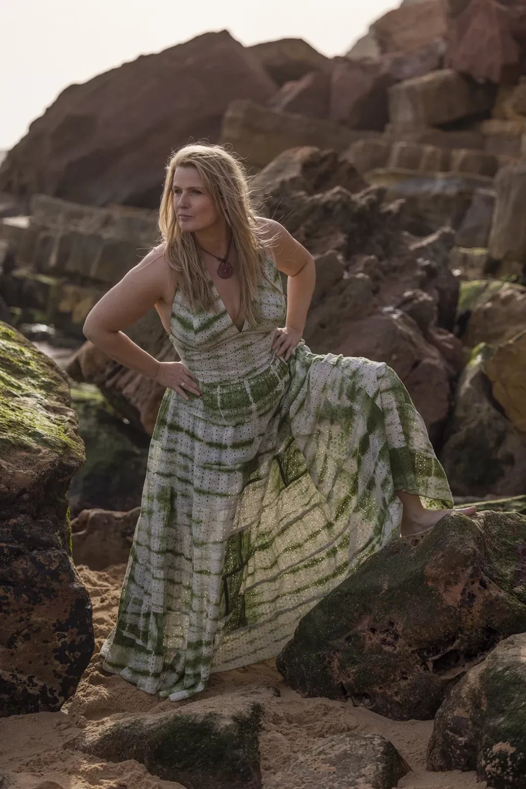 Isis Dress in TieDye Green & Cream white